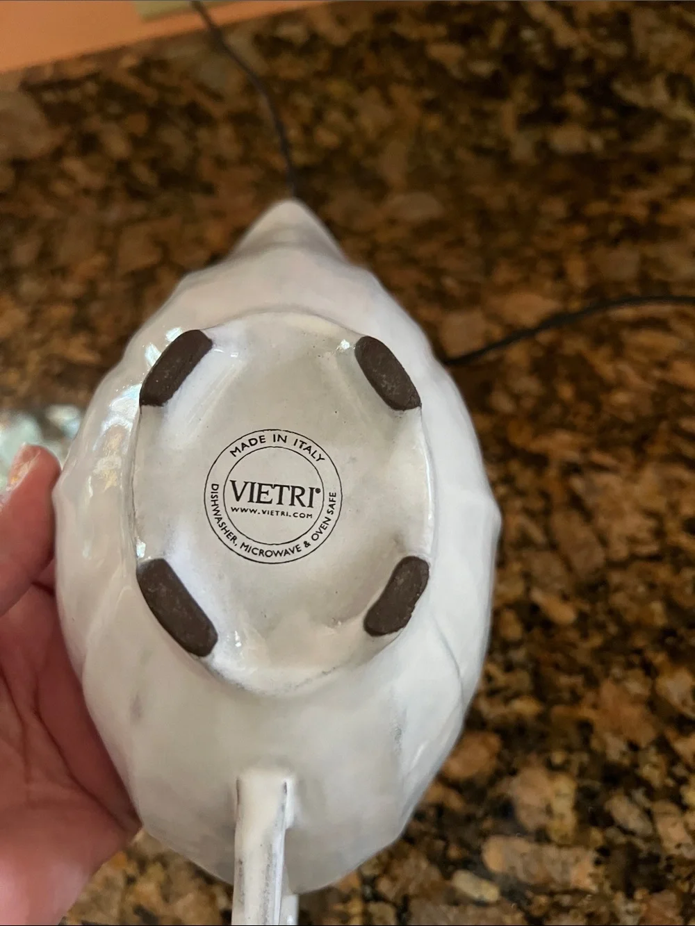 Vietri Sculpted White Ceramic Gravy Boat with Scroll Handle